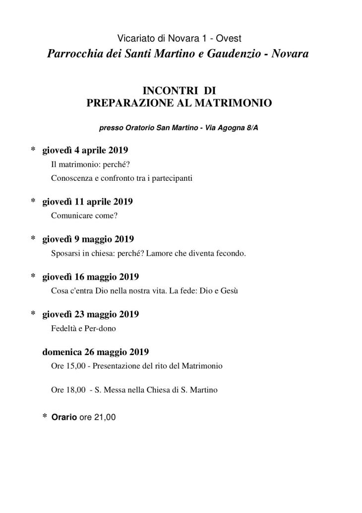 programma incontri preparazione matrimonio san martino 2019