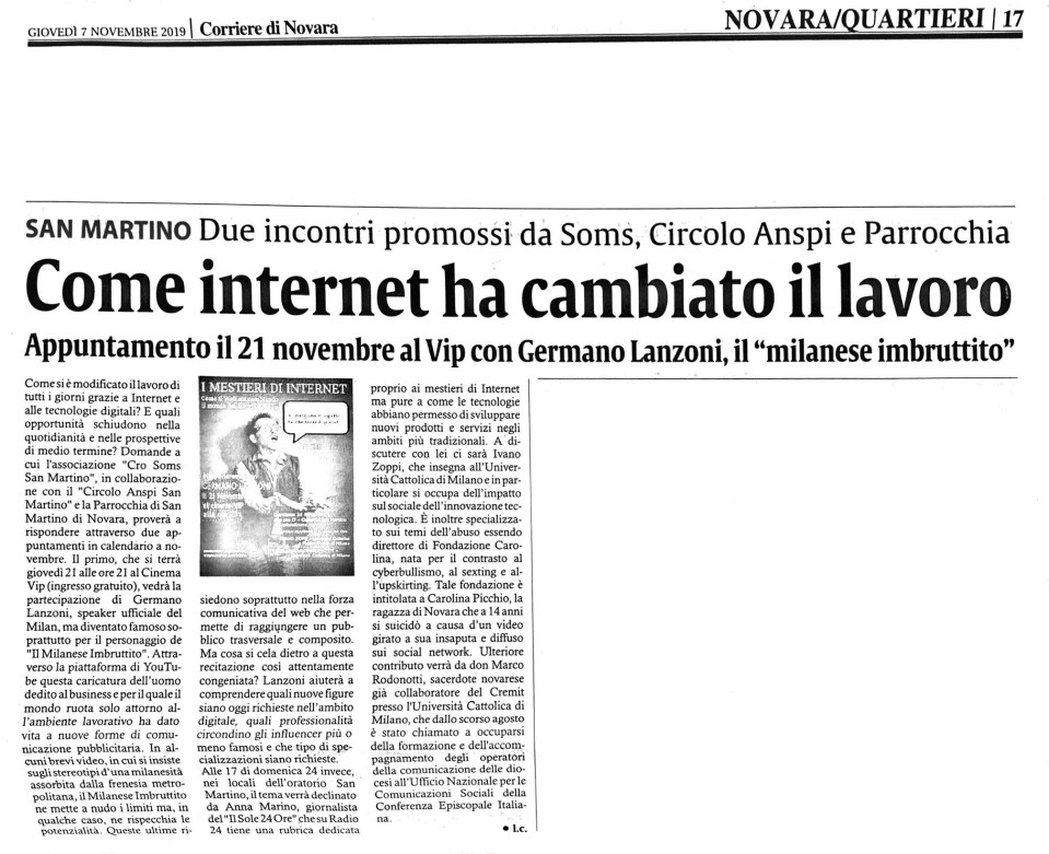 191107 corriere novara articolo progetto soms giovani lavoro internet