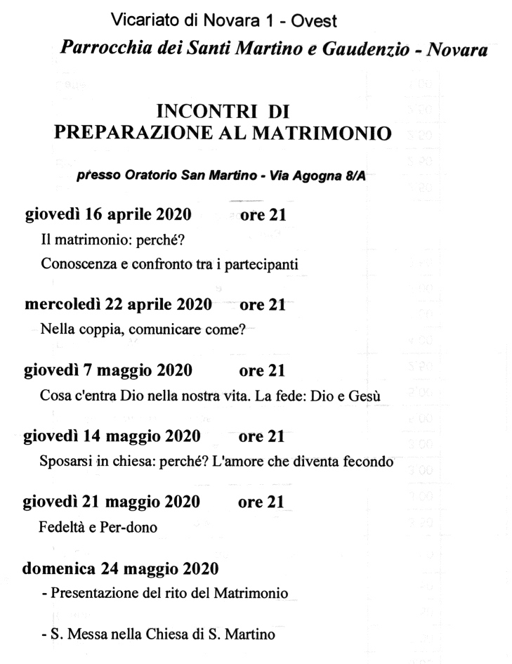 locandina corsi preparazione matrimonio fidanzati 2020